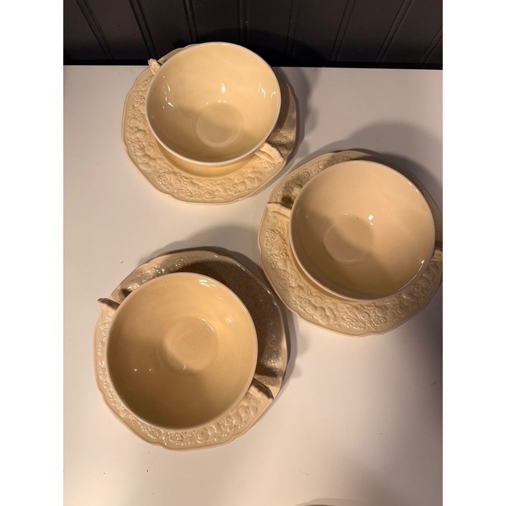 Vintage Crown Ducal Florentine Cream Bouillon Soup Cups and Saucers Set of 3